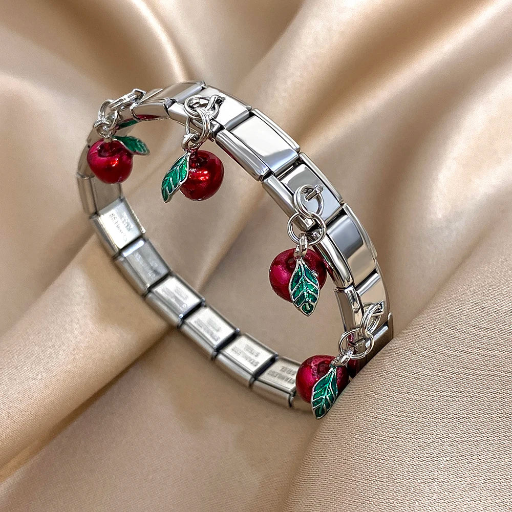 New Stainless Steel Strawberry Pepper Cherry Pendant Elastic Bangles Bracelets Fashion Women's Men Adjustable Waterproof Jewelry