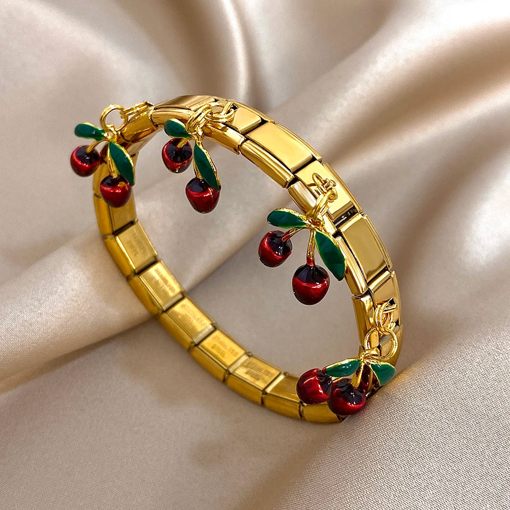 New Stainless Steel Strawberry Pepper Cherry Pendant Elastic Bangles Bracelets Fashion Women's Men Adjustable Waterproof Jewelry