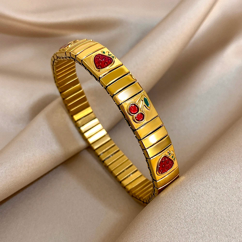 New Stainless Steel Strawberry Pepper Cherry Pendant Elastic Bangles Bracelets Fashion Women's Men Adjustable Waterproof Jewelry