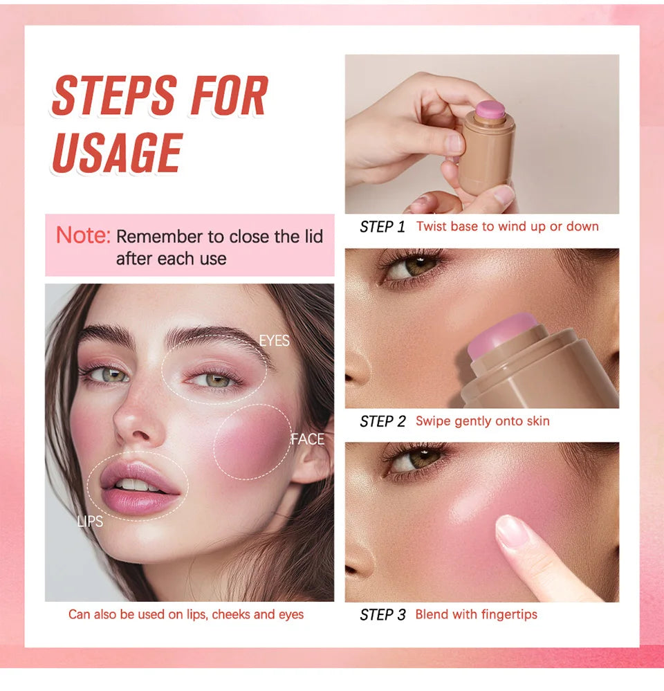 Magic Blush Stick 3-in-1 Cheek Lip Tinted Moistured Blush Stick Silky Brighten Blush Cream Blusher Cosmetics Tubes Matte Contour