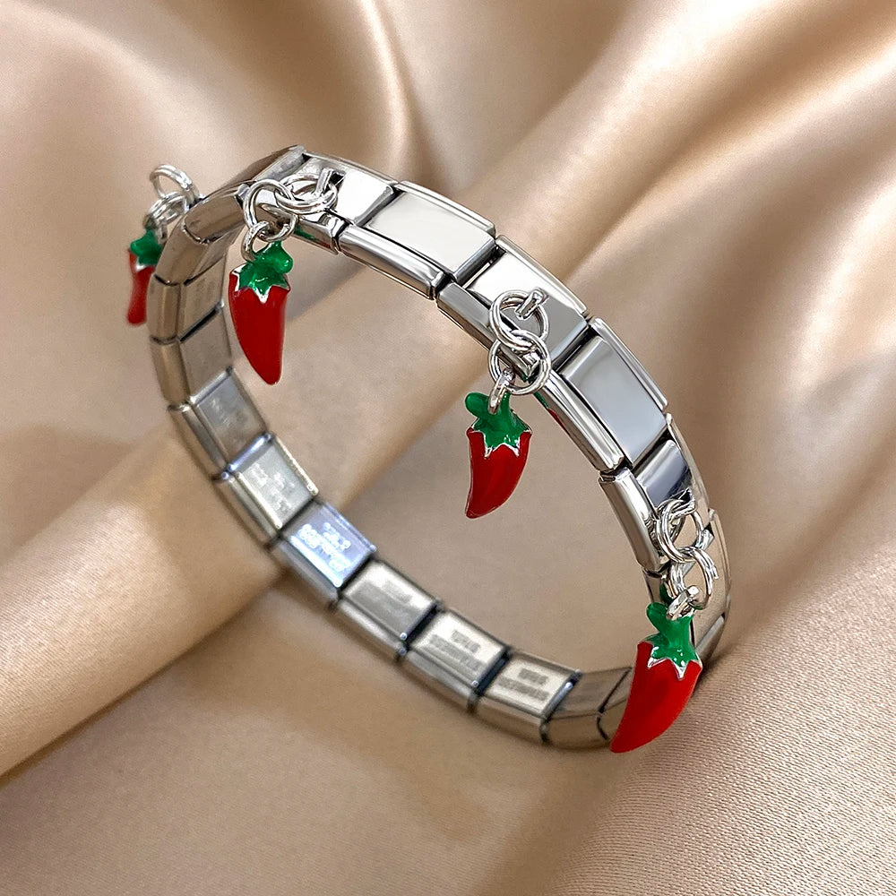 New Stainless Steel Strawberry Pepper Cherry Pendant Elastic Bangles Bracelets Fashion Women's Men Adjustable Waterproof Jewelry
