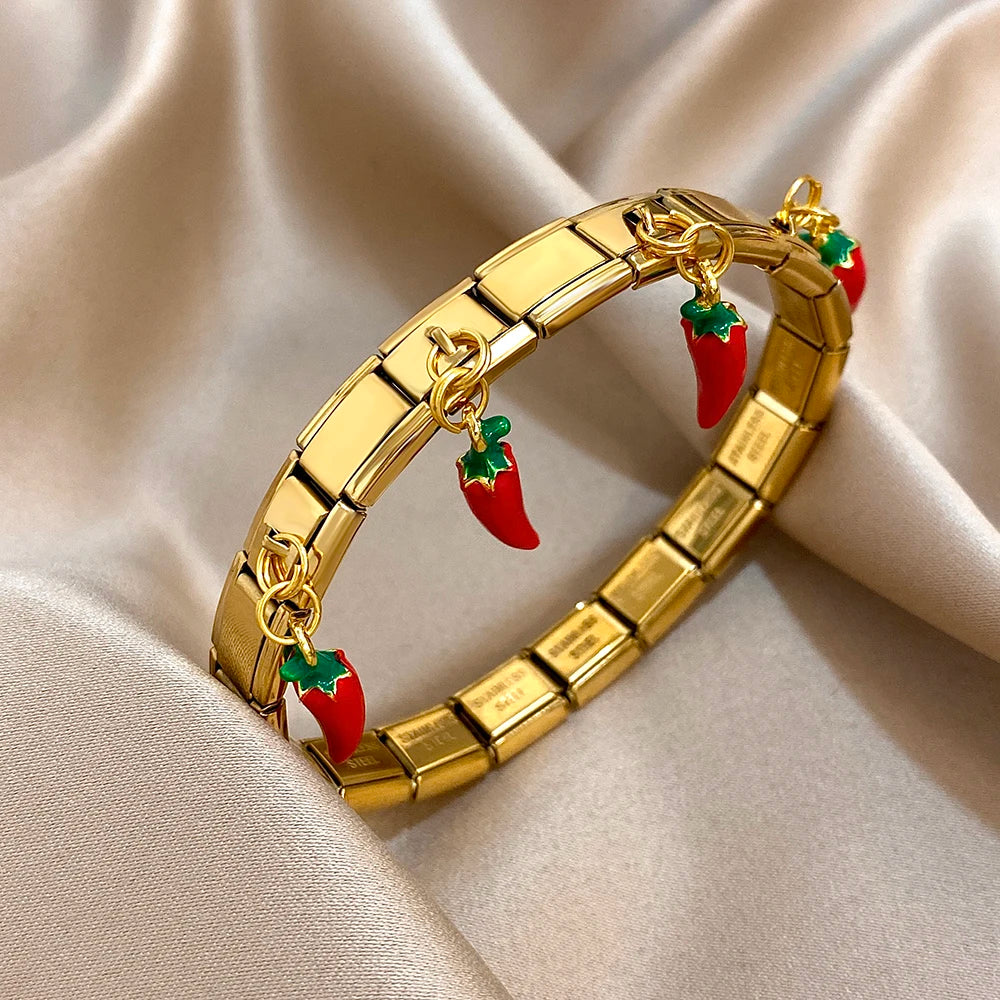 New Stainless Steel Strawberry Pepper Cherry Pendant Elastic Bangles Bracelets Fashion Women's Men Adjustable Waterproof Jewelry