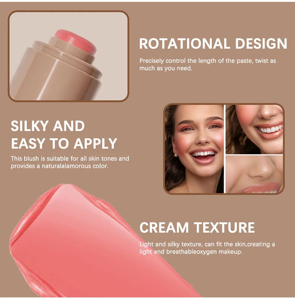 Magic Blush Stick 3-in-1 Cheek Lip Tinted Moistured Blush Stick Silky Brighten Blush Cream Blusher Cosmetics Tubes Matte Contour