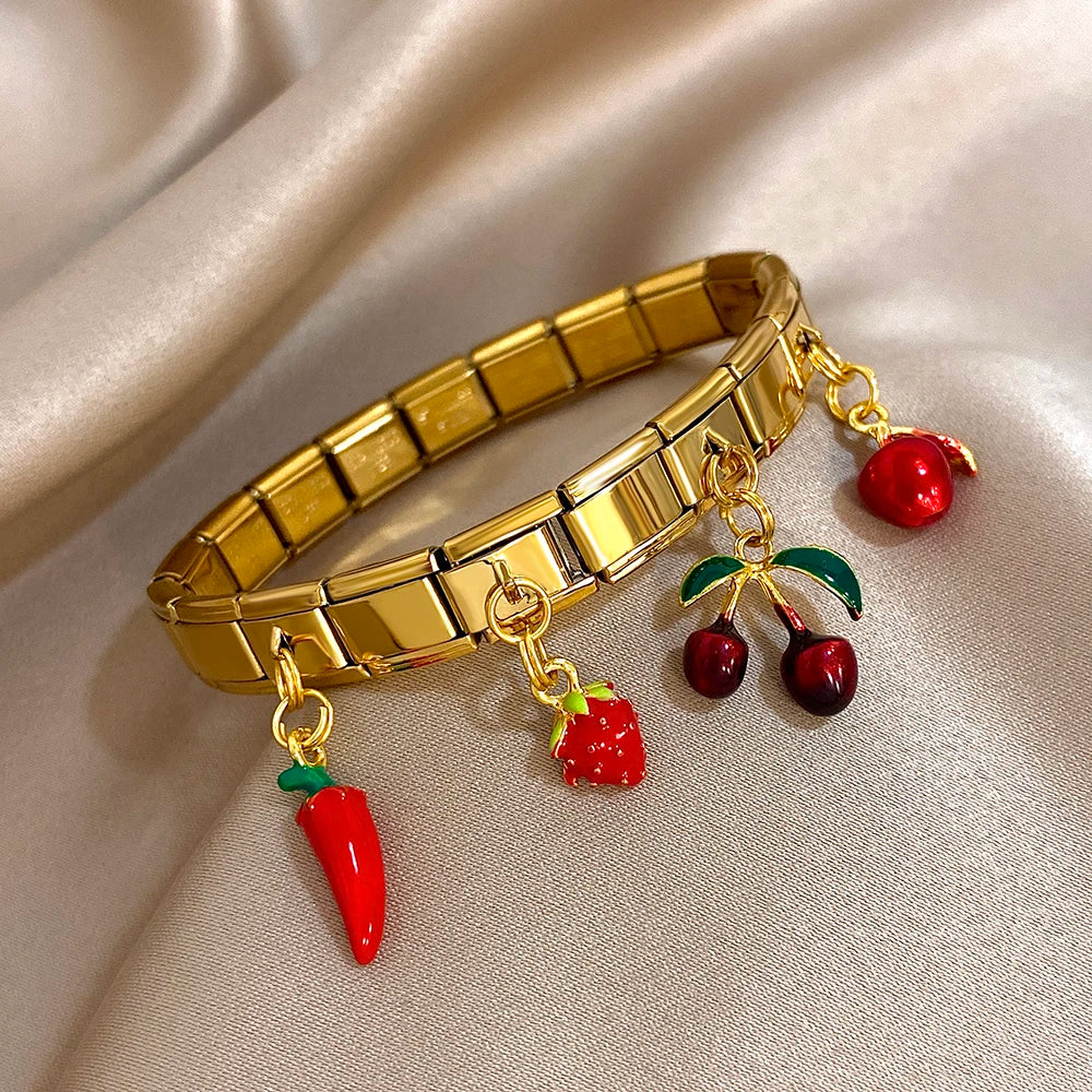 New Stainless Steel Strawberry Pepper Cherry Pendant Elastic Bangles Bracelets Fashion Women's Men Adjustable Waterproof Jewelry