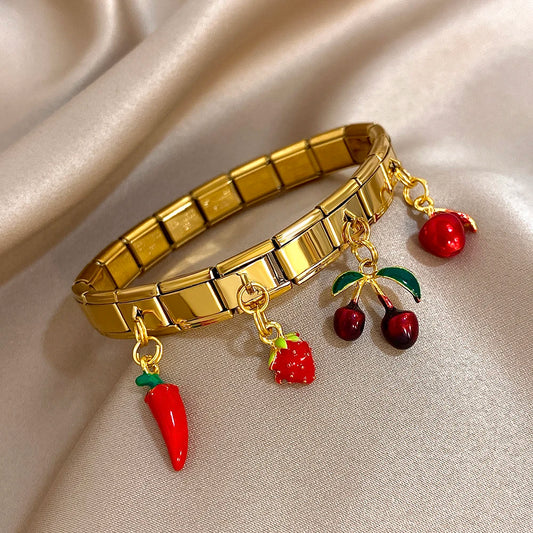 New Stainless Steel Strawberry Pepper Cherry Pendant Elastic Bangles Bracelets Fashion Women's Men Adjustable Waterproof Jewelry