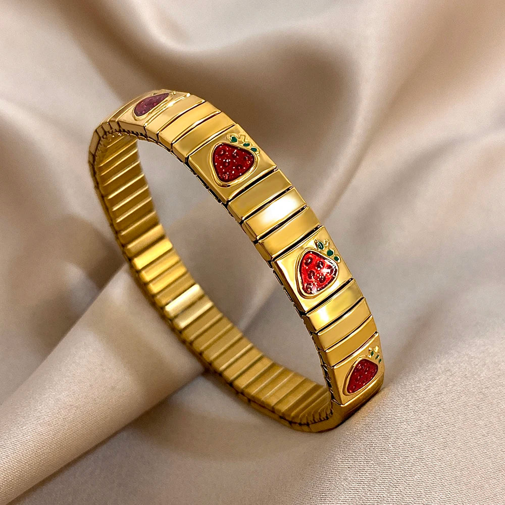 New Stainless Steel Strawberry Pepper Cherry Pendant Elastic Bangles Bracelets Fashion Women's Men Adjustable Waterproof Jewelry