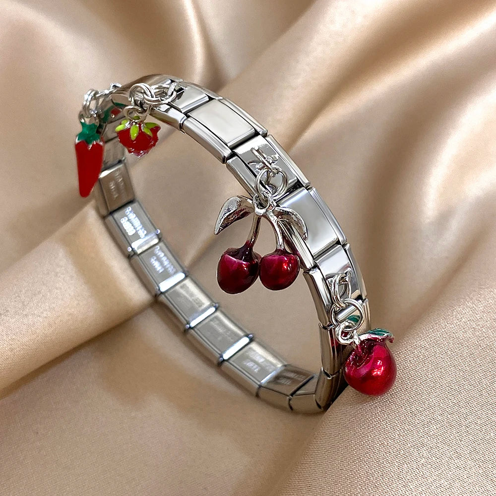 New Stainless Steel Strawberry Pepper Cherry Pendant Elastic Bangles Bracelets Fashion Women's Men Adjustable Waterproof Jewelry
