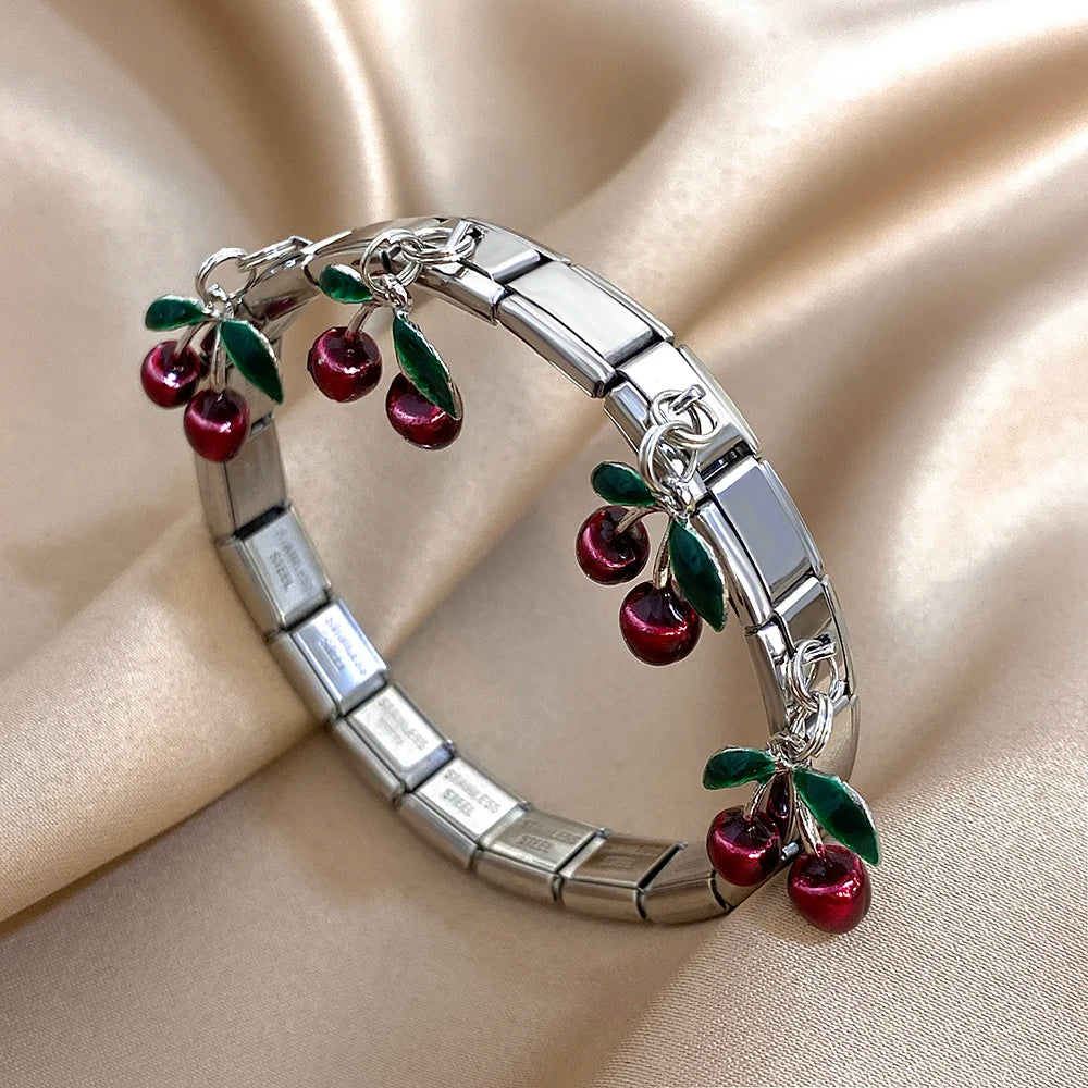 New Stainless Steel Strawberry Pepper Cherry Pendant Elastic Bangles Bracelets Fashion Women's Men Adjustable Waterproof Jewelry